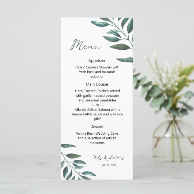 Modern Botanical Watercolor Dinner Course Menu (Standing Front)