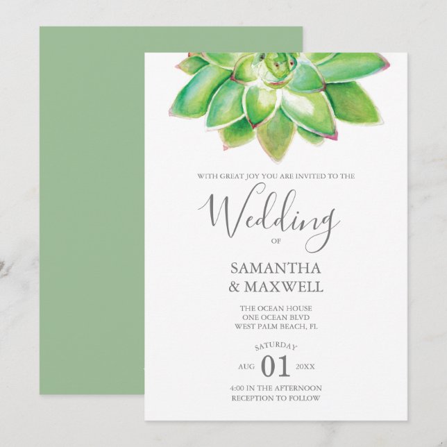 Modern Botanical Wedding Invitation Succulent (Front/Back)