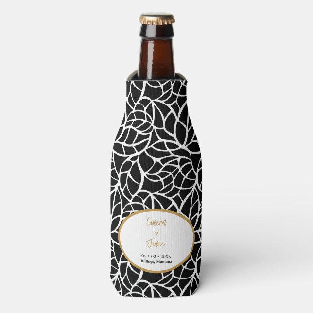 Modern Botanical Wedding Names Date Location Bottle Cooler (Bottle Front)