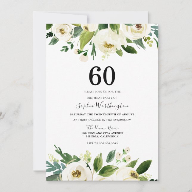 Modern Botanical White Floral 60th Birthday Party Invitation (Front)