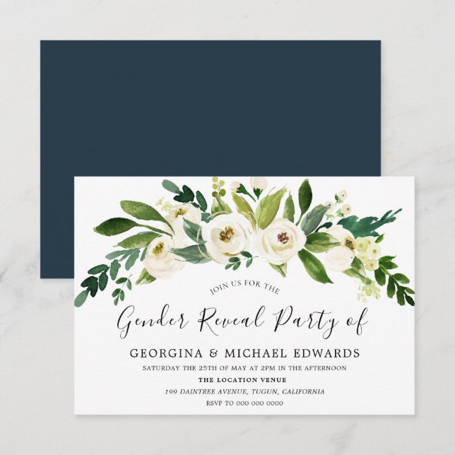 Modern Botanical White Floral Gender Reveal Party Invitation (Front/Back)