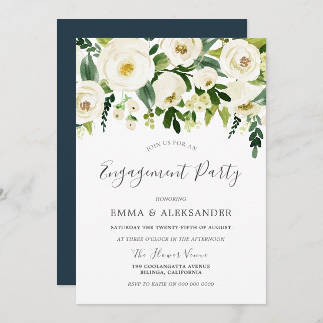 Modern Botanical White Flowers Engagement Party Invitation (Front/Back)