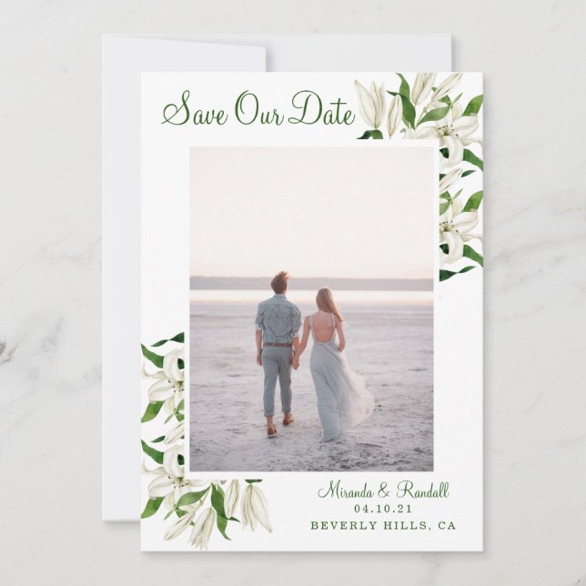 Modern Botanical | White Lily Framed Photo Save The Date (Front)