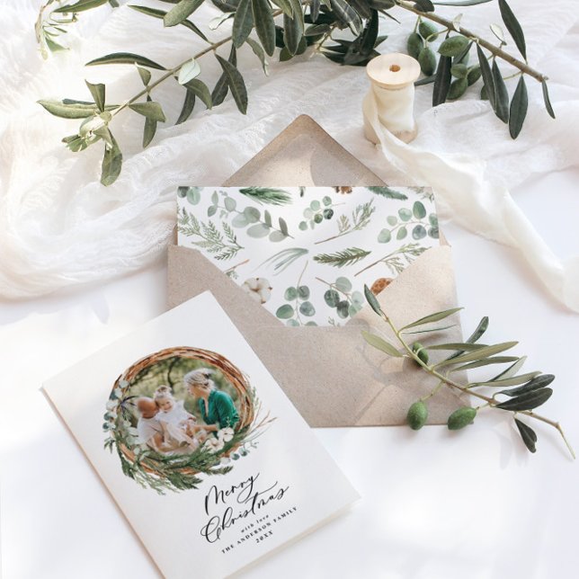 Modern Botanical wreath Christmas script 1 photo Holiday Card (Creator Uploaded)