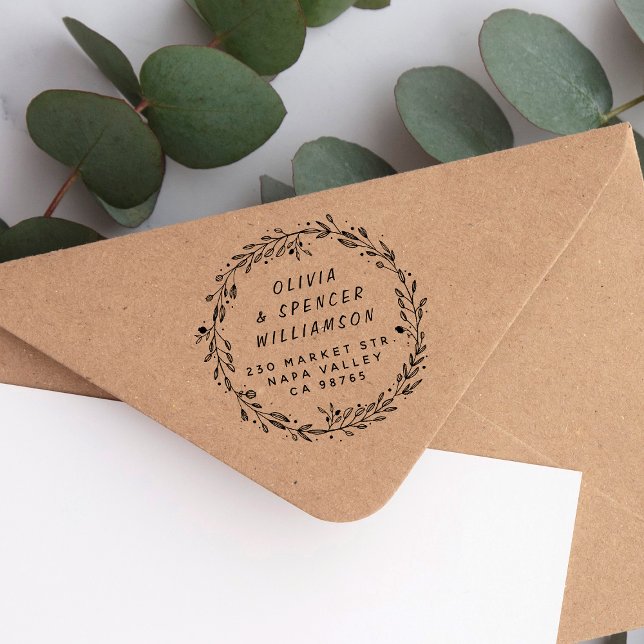 Modern Botanical Wreath & Couples Names Address Self-inking Stamp (Rubber Stamp Mock-up)