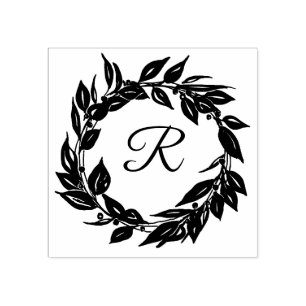 Modern Botanical Wreath Monogram Initial Rubber Stamp