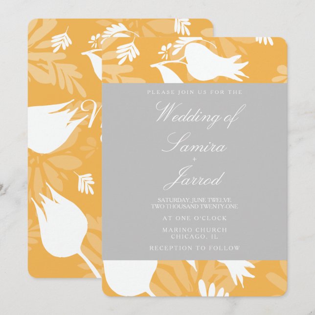 Modern Botanical Yellow Grey Floral Tulip Wedding Invitation (Front/Back)