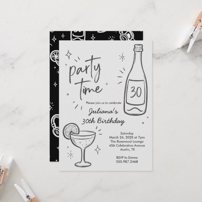 Modern Bottle & Cocktail 30th Birthday Invitation (Front/Back In Situ)
