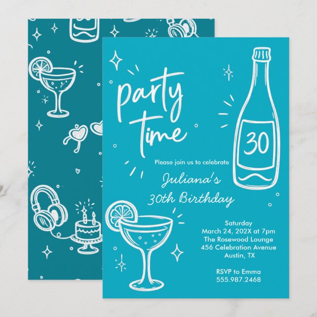 Modern Bottle & Cocktail 30th Birthday Invitation (Front/Back)