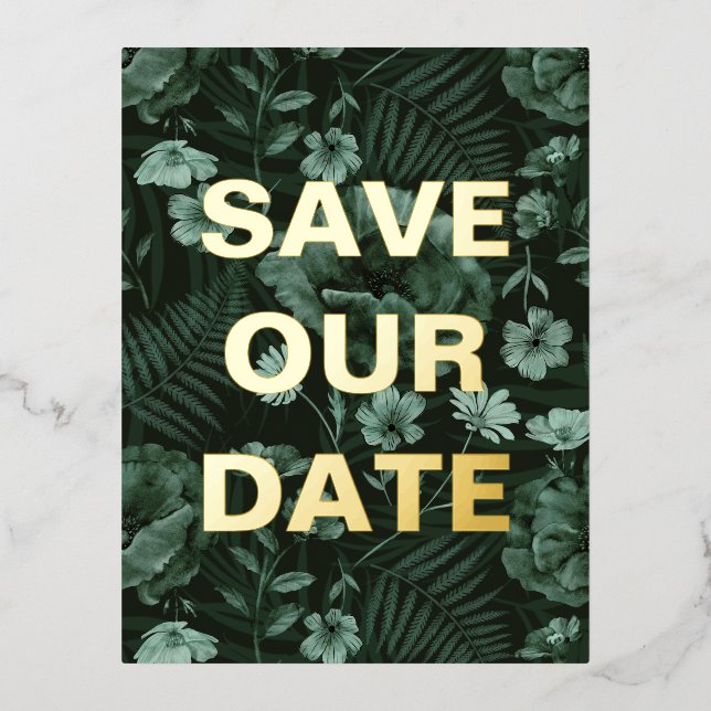 Modern Bottle Green & Gold Save Our Date  Foil Holiday Postcard (Front)