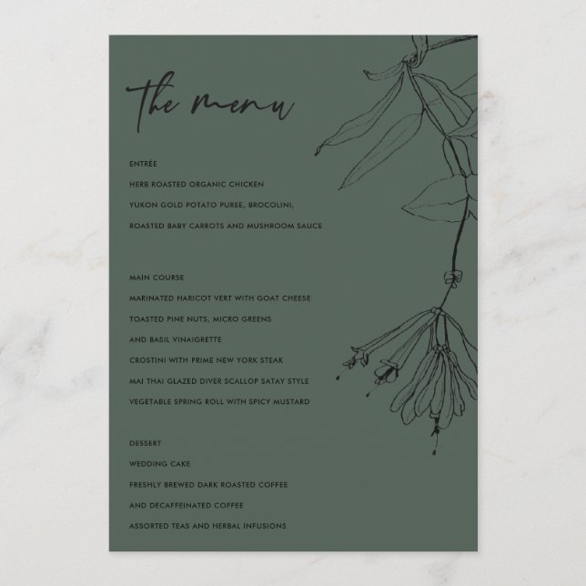 MODERN BOTTLE GREEN LINE DRAWING FLORAL MENU (Front)
