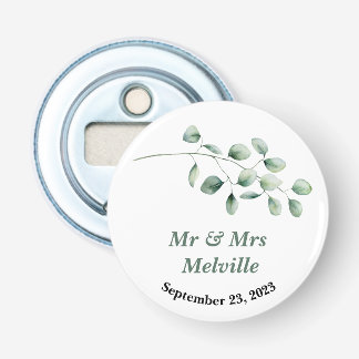 Modern bottle opener wedding favour eucalyptus