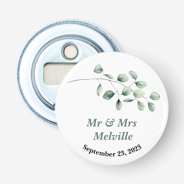 Modern bottle opener wedding favour eucalyptus  (Front)