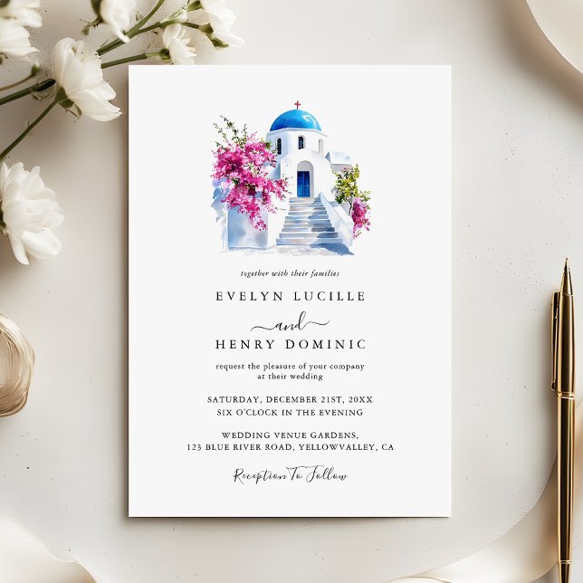 Modern Bougainvillea Santorini Destination Wedding Invitation (Creator Uploaded)
