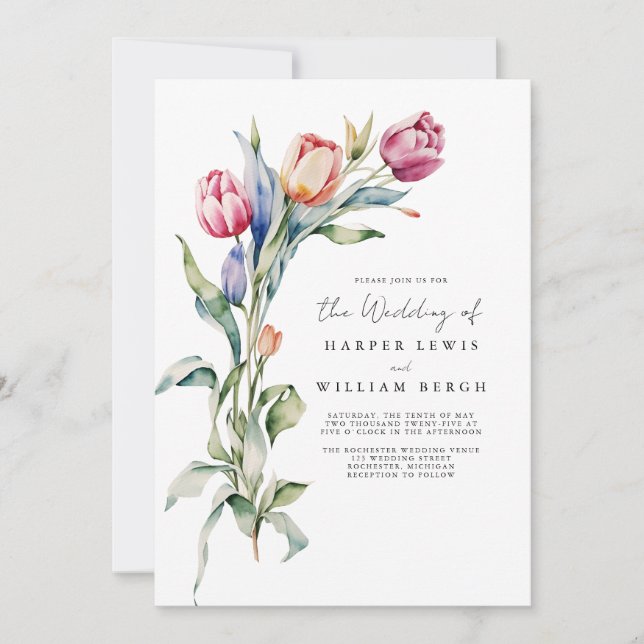 Modern bouqet watercolor tulips qr code wedding invitation (Front)