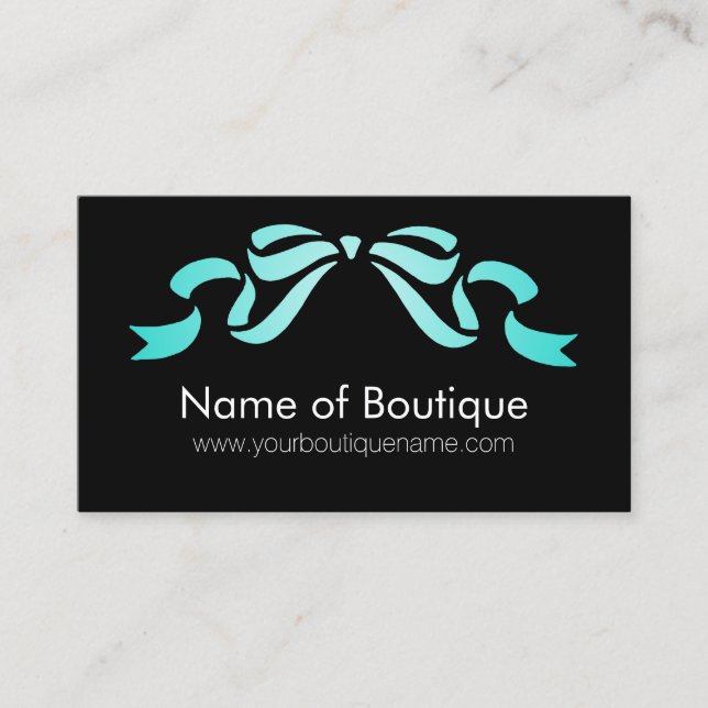 Modern Boutique Aqua and Black Girly Ribbon Business Card (Front)