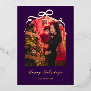 Modern Bow Arch Purple Christmas Photo Rose Gold Foil Holiday Card