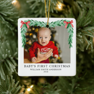 Modern Bow Baby's First Christmas Photo Ceramic Ornament
