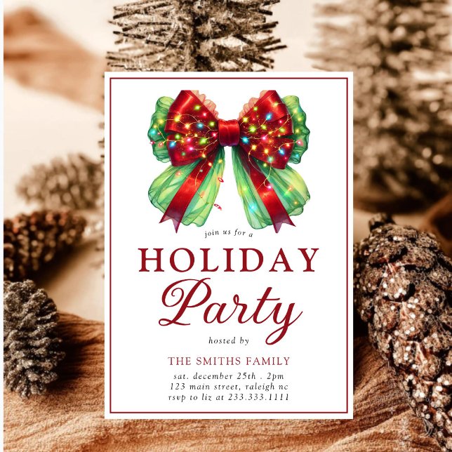 Modern Bow Christmas Lights Holiday Party Invitation (Creator Uploaded)