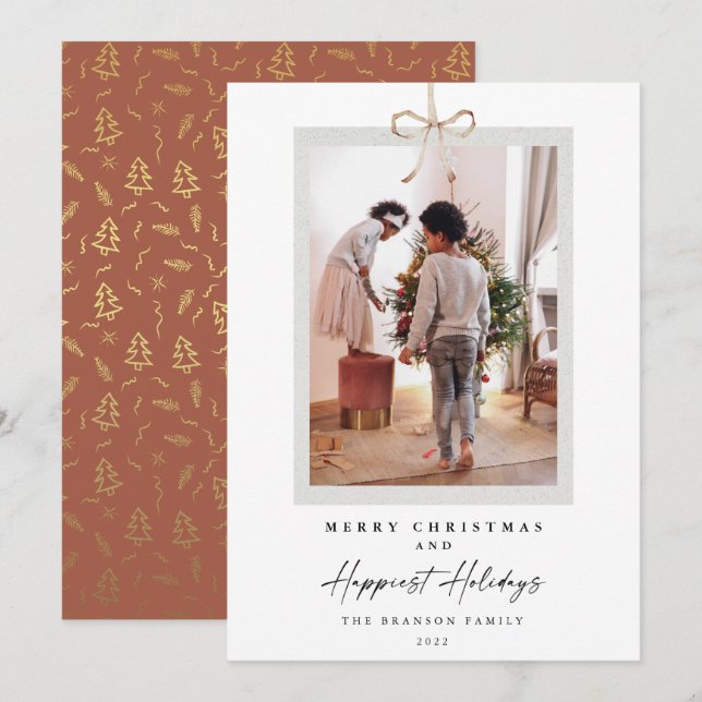 Modern Bow Knot Photo Happiest Holidays Christmas  Holiday Card (Front/Back)