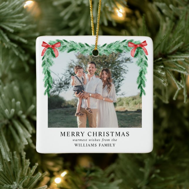 Modern Bow Merry Christmas Family Photo Ceramic Ornament (Tree)