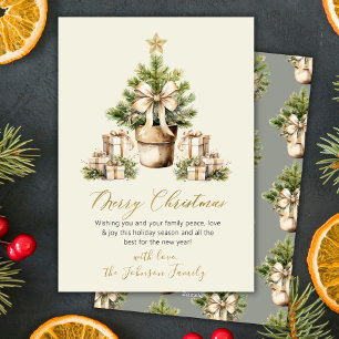 Modern Bow Neutral Watercolor Christmas Tree Beige Holiday Card