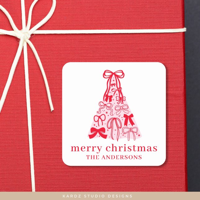 Modern Bow Pink Red Christmas Tree Square Sticker (Sticker available in 1.5 or 3 inches, personalize and choose size and finish before checkout.)