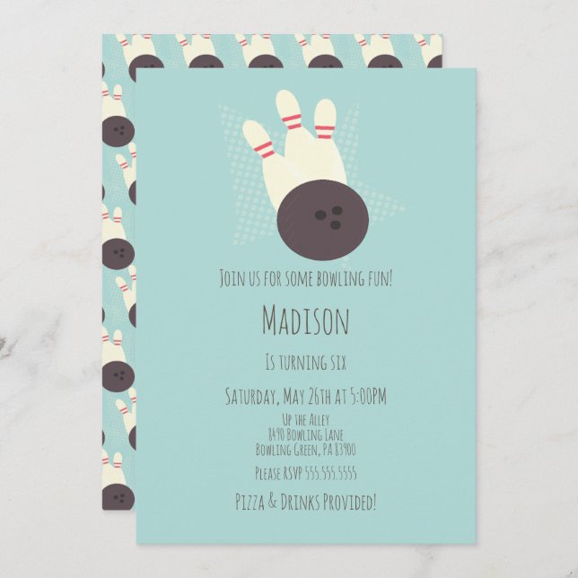 Modern Bowling Alley Birthday Party Teal Invitation (Front/Back)