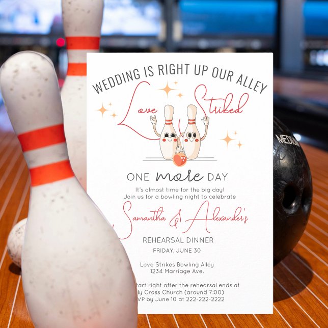 Modern Bowling Alley Engagement Rehearsal Dinner Invitation (Modern Bowling Alley Engagement Rehearsal Dinner Invite Wedding is Right Up Our Alley Love Strike)