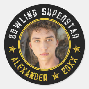 Modern Bowling Superstar Name Photo Date Black Classic Round Sticker