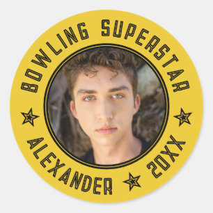 Modern Bowling Superstar Yellow Name Photo Date Classic Round Sticker