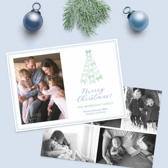 Modern Bows Blue Green Merry Christmas Photo Holiday Card (Modern whimsical watercolor blue and green bows Merry Christmas Happy Holidays Photo Card)