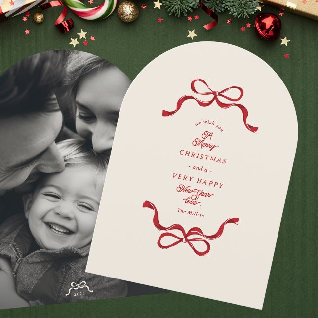 Modern Bows Cream Red Photo christmas arch card (Creator Uploaded)
