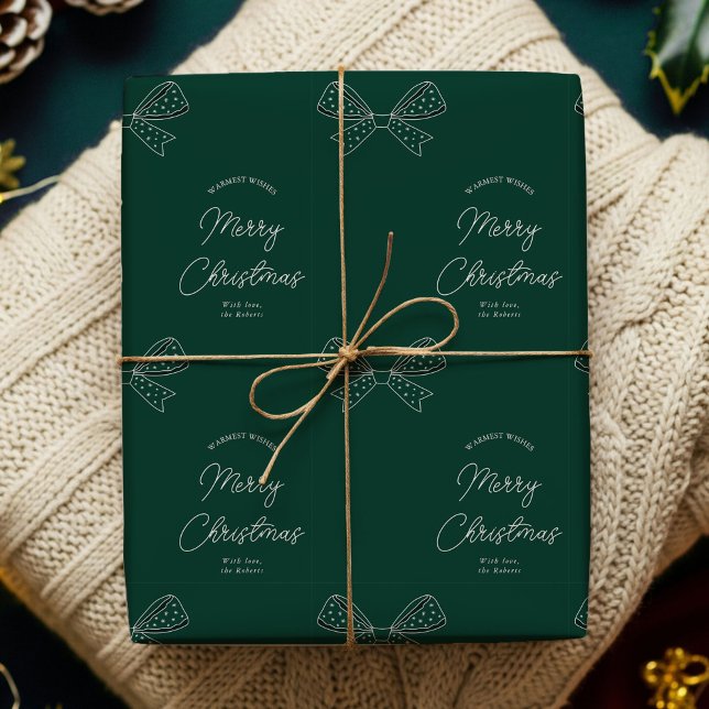 Modern Bows Family Name Merry Christmas Green Wrapping Paper (Creator Uploaded)