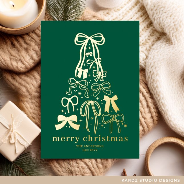 Modern Bows Green Christmas Holiday Gold Foil Card (Card is shown is 5x7 inches with square corners. Personalize with name and year, choose corner style)