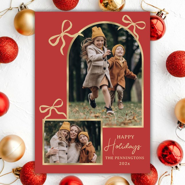 Modern Bows Happy Holidays Arch 3 Family Photo Red Holiday Card (Creator Uploaded)
