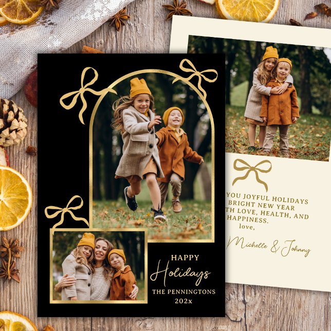 Modern Bows Happy Holidays Gold Arch 3 Photo Black Holiday Card (Creator Uploaded)