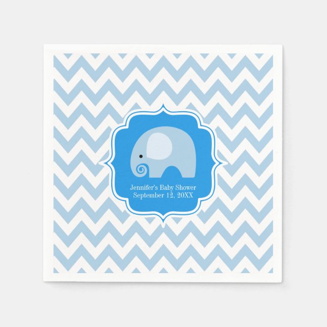 Modern Boy Blue Elephant Baby Shower Chevron Napkin (Front)