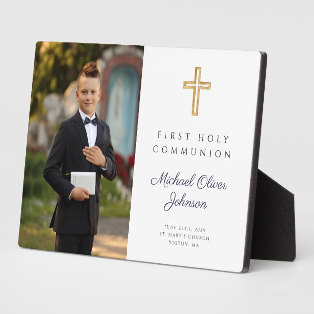 Modern Boy Blue First Holy Communion Photo  Plaque (Side)