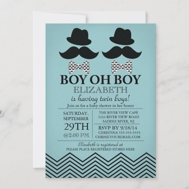 Modern Boy Little Man Moustache TWINS Baby Shower Invitation (Front)