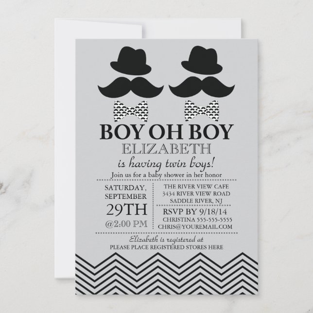 Modern Boy Little Man Moustache TWINS Baby Shower Invitation (Front)