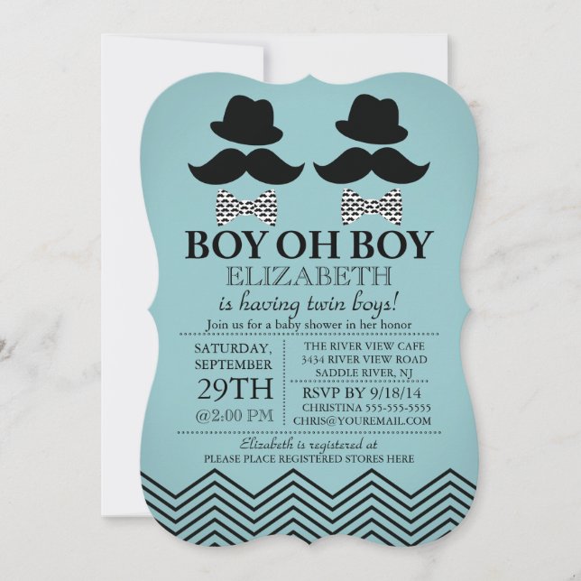 Modern Boy Little Man Moustache TWINS Baby Shower Invitation (Front)