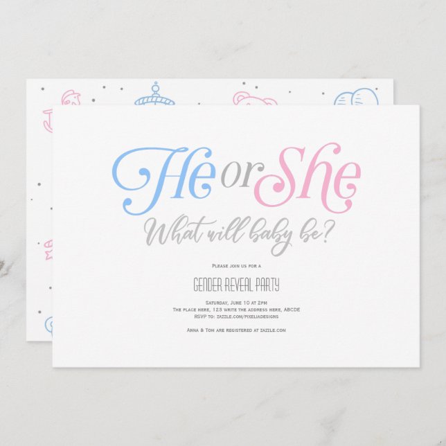 Modern, Boy or Girl, He or She, Gender Reveal Invitation (Front/Back)
