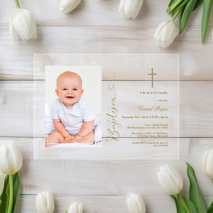 Modern Boy Photo Gold Calligraphy Baptism Acrylic Invitations