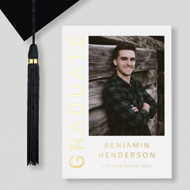 Modern Boy Photo Gold Foil Graduation Announcement (Creator Uploaded)