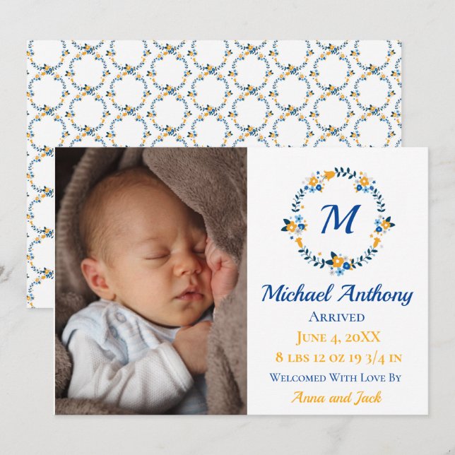 Modern Boy Photo Monogram Birth Announcement Stats (Front/Back)