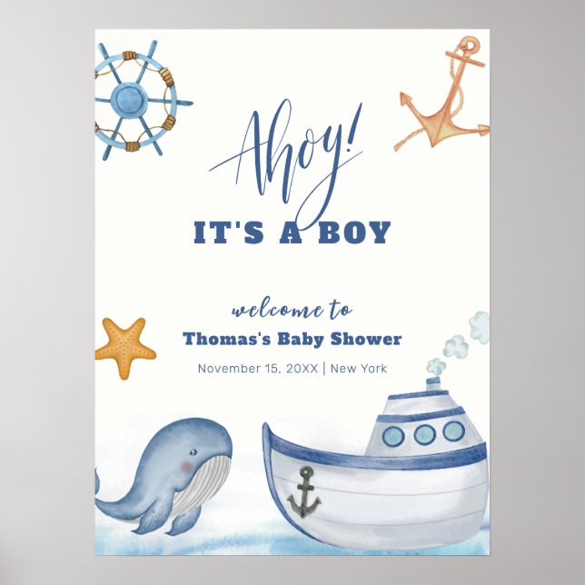 Modern Boy Whale Sailboat Baby Shower Welcome  Poster (Front)