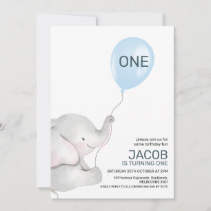 Modern Boys Elephant Blue Balloon 1st Birthday Invitation