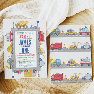 Modern Boys Road Transport 1st Birthday Invitation