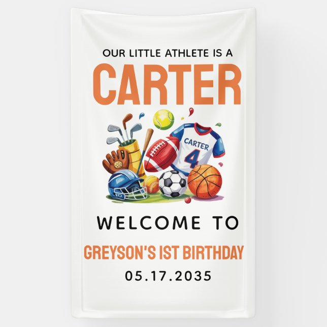 Modern Boys Sports Balls All Star 1st Birthday Banner (Vertical)